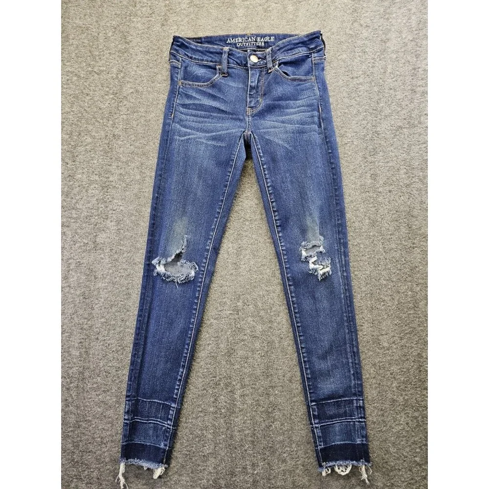 American Eagle Jeggings Womens Size 2 Dark Wash Distressed Raw Hem Super Stretch